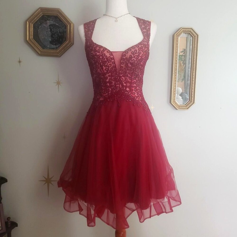 May Queen Couture Dress size 6 Beaded Embellished Mesh Back Short Formal Dress